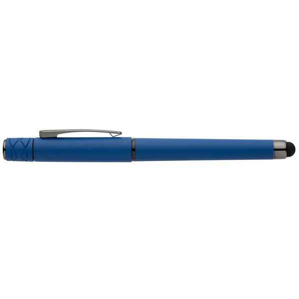 Stylo Tavi en plastique recyclé avec stylet et fidget spinner à encre gel - Bleu roi / Sérigraphie