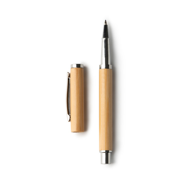 Personalised bamboo roller pen with metallic details