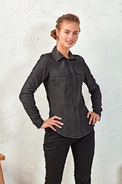 Women's Jeans Stitch Denim Shirt - Black Denim / 2XL