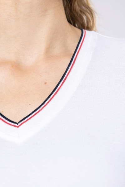 Ladies' Piqué Knit V-Neck T-Shirt - White / Navy / Red / 2XL
