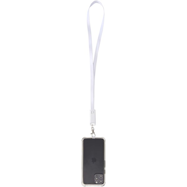 Tour de cou pour smartphone Franz en plastique recyclé avec synchronisation des données intégrée et câble 5 en 1 pour charge rapide de 65 W - Blanc