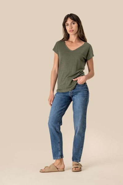 Ladies' V-Neck Linen T-Shirt - Ivory / S