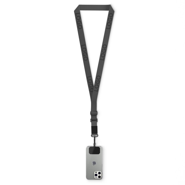 Woven adjustable crossbody phone holder with logo engraved metal plate - Black
