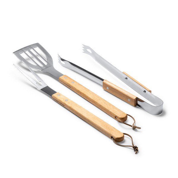 Personalized stainless steel and wood BBQ set with 3 accessories