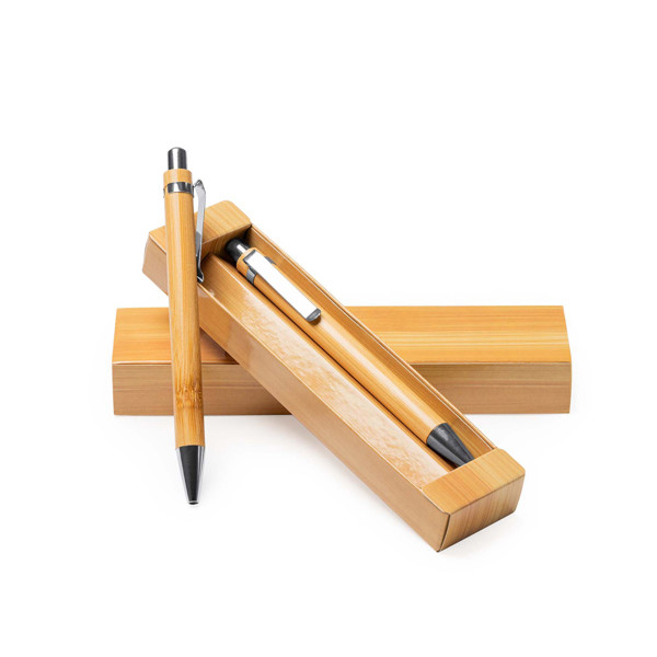 Personalised bamboo ballpoint pen and mechanical pencil set with metallic details