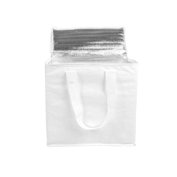 Laminated Pp Cooler Bag 120 G/M2, Coloured Handles, Zipper Closure - White