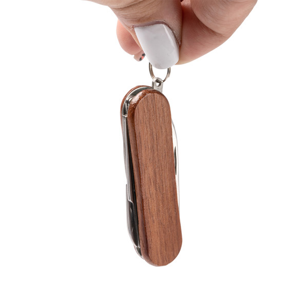 Navaja multiusos personalizada de acero inoxidable con empuñadura de madera