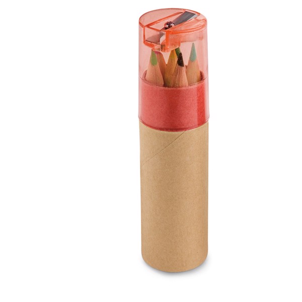 ROLS. Pencil box tube with 6 coloured pencils and sharpener - Red