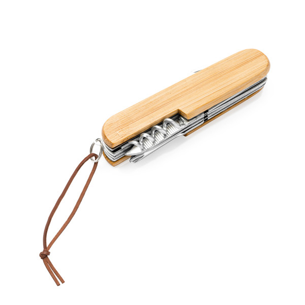 Personalized multitool pocket knife bamboo and stainless steel 9 functions with faux leather pouch