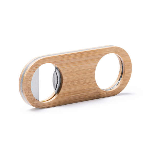 Personalised bottle opener in bamboo with stainless steel interior and hanging hole