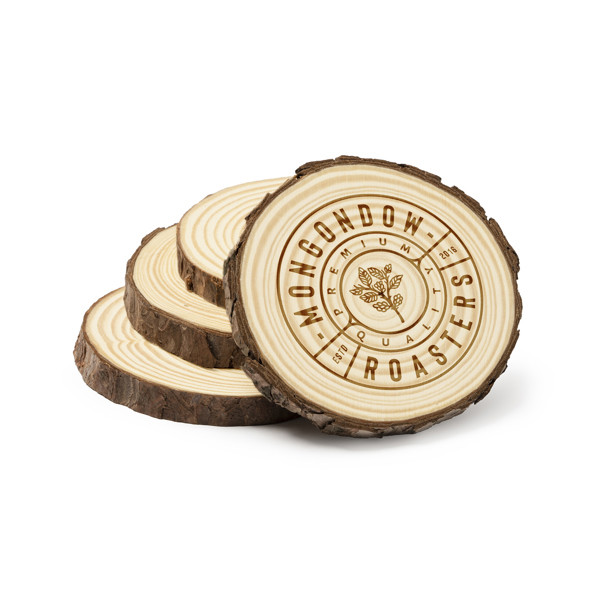 Set of personalized natural pine wood coasters with eco gift box