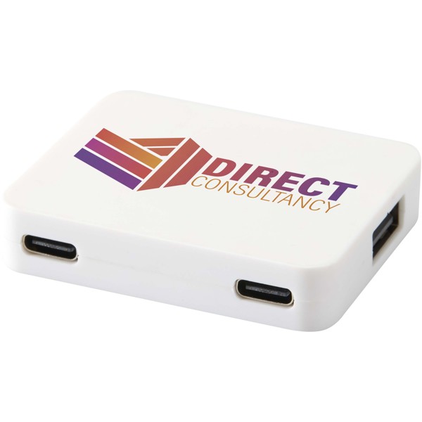 Gaia 4 Port USB Hub mit USB-A- und Typ-C-Ausgang und zwei Eingängen aus recyceltem Kunststoff - weiss
