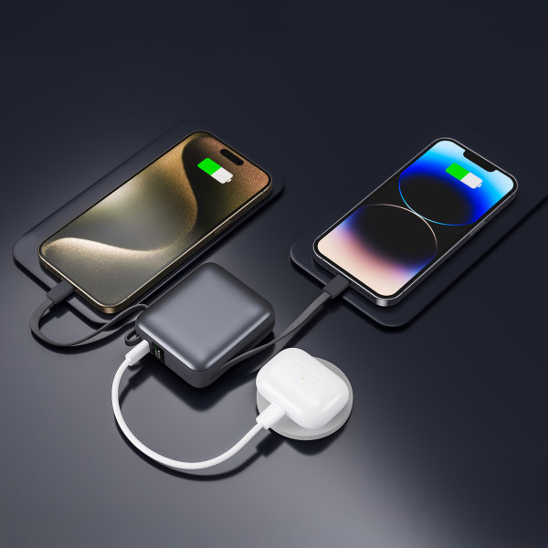 BUSHI - Batterie Powerbank 10,000 mAh avec câbles intégrés à charge rapide 22,5W