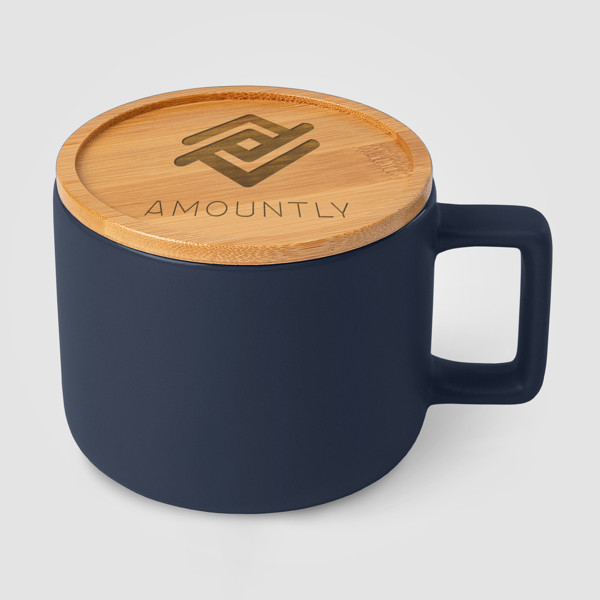 Café Virtuoso - 355 ml Tasse en céramique avec couvercle en bambou - Bleu marine / Sérigraphie