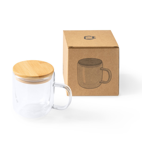 Double-wall personalised borosilicate glass mug 280 ml with bamboo lid