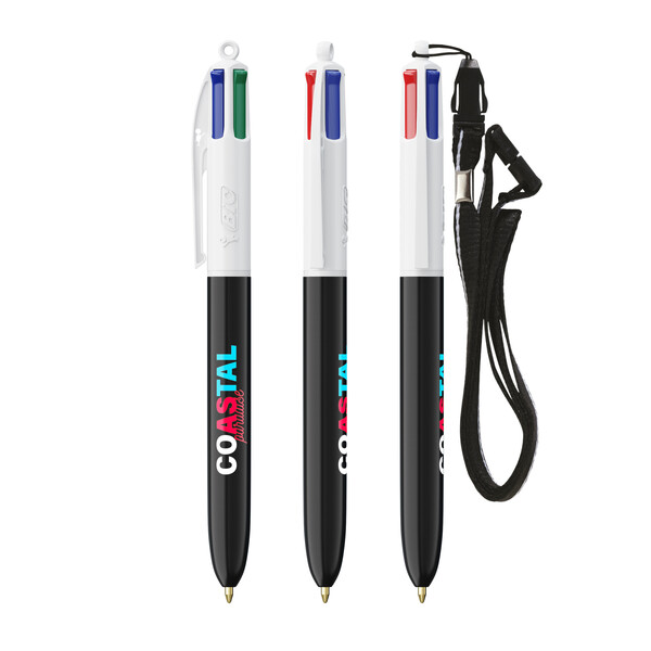 BIC® 4 Couleurs® ballpen + lanyard - Blanc/Noir