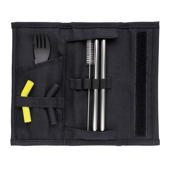 Tierra 2pcs straw and cutlery set in pouch - Black