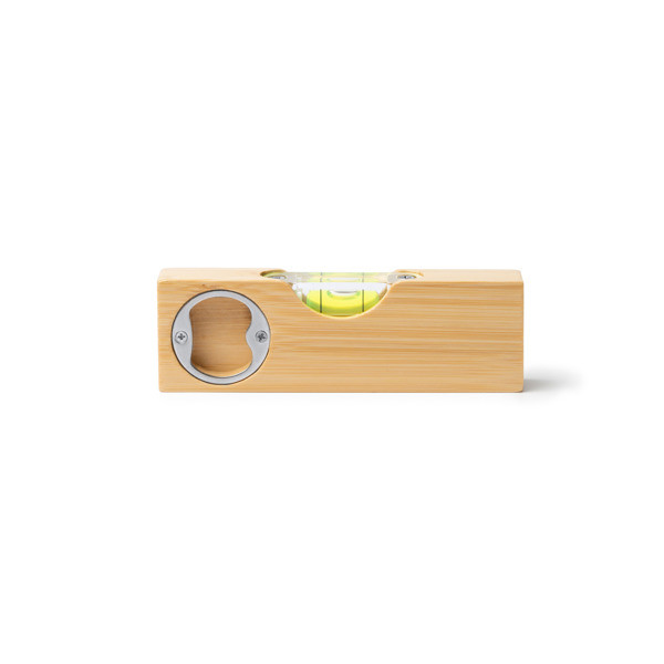 Personalised bamboo bubble level with metal bottle opener