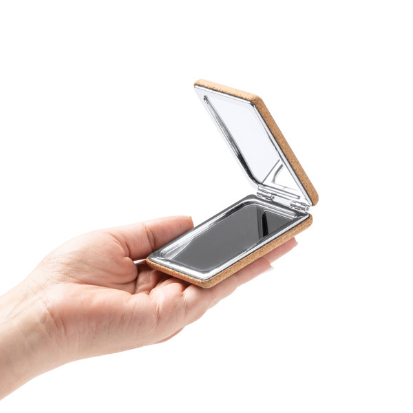 Foldable pocket mirror with magnifier customised in natural cork