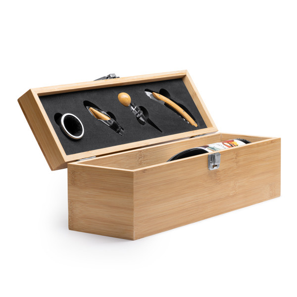 Personalised bamboo wine gift set with sommelier accessories