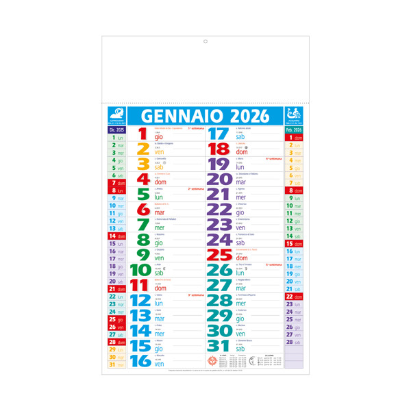 Calendario 2026 Da Muro Mensile Multicolore, 12 Fogli, Su Carta Patinata, Termosaldato