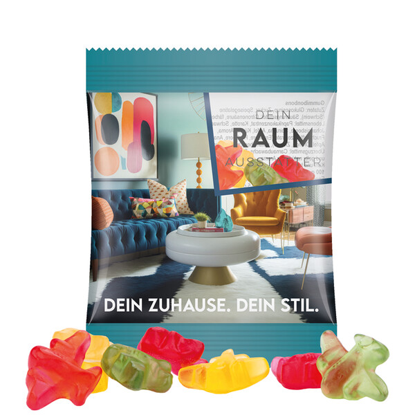 Mini bag 10g, compostable foil transparent, Trolli fruit jelly gums plane