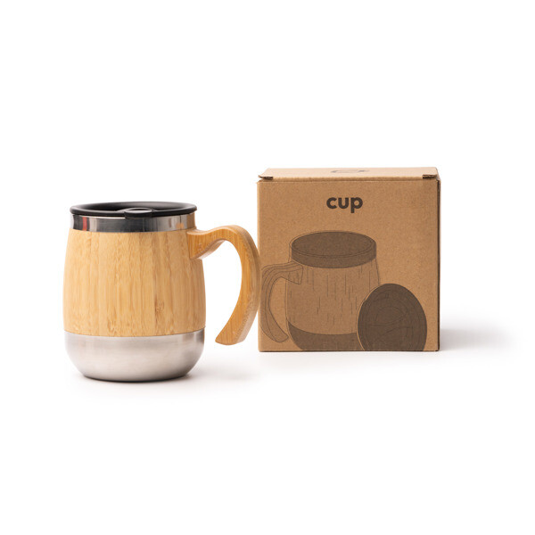 Personalised thermal mug in stainless steel and bamboo 450 ml with anti-leak dosing lid