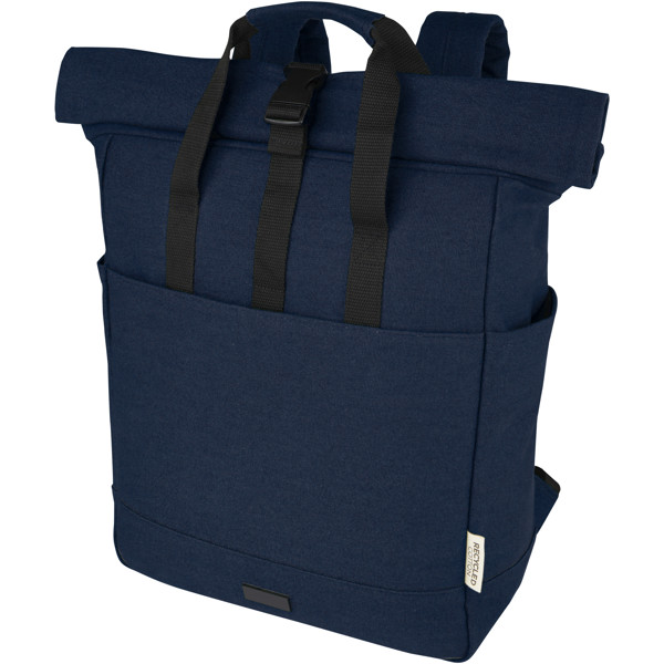 Sac à dos pour ordinateur portable Joey de 15 L en toile recyclée GRS 15 pouces avec dessus enroulable - Marine