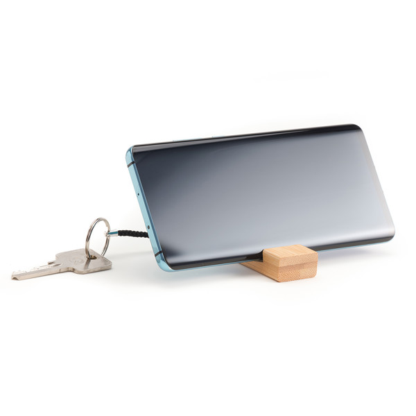 Bamboo keyring with phone stand.