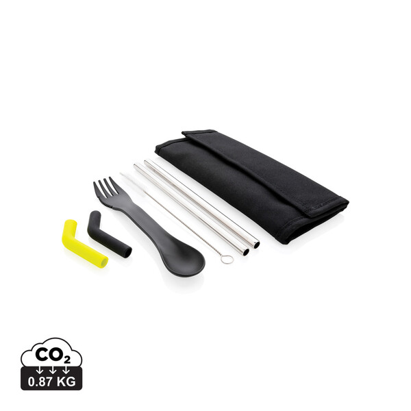 Tierra 2pcs straw and cutlery set in pouch - Black