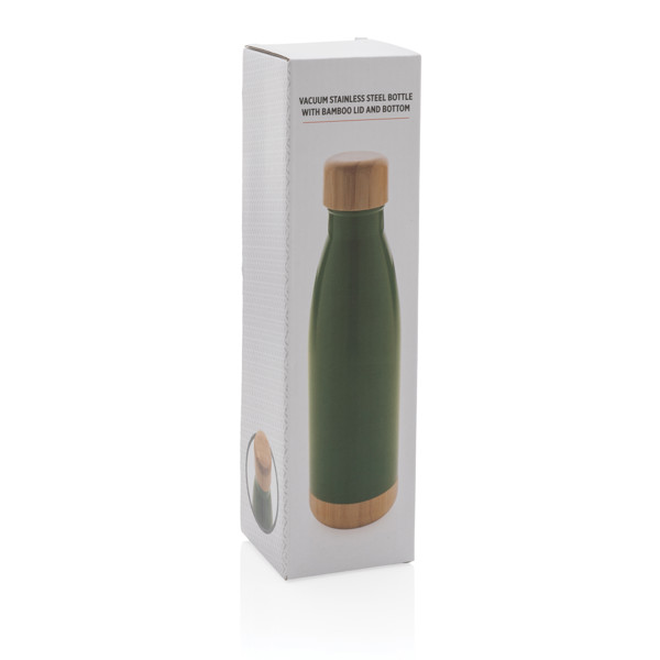 Vacuum stainless steel bottle with bamboo lid and bottom - Green