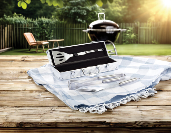 Set de 3 pcs pour barbecue en coffret aluminium - Objet  publicitaire 