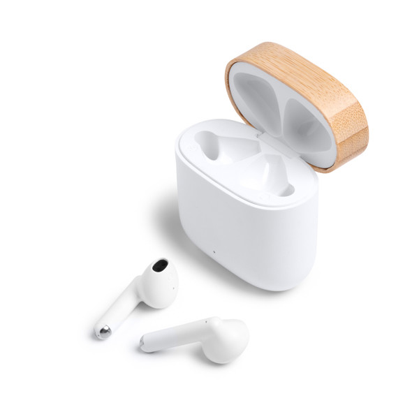 Custom wireless earbuds Bluetooth 5.3 with recycled material and bamboo charging case