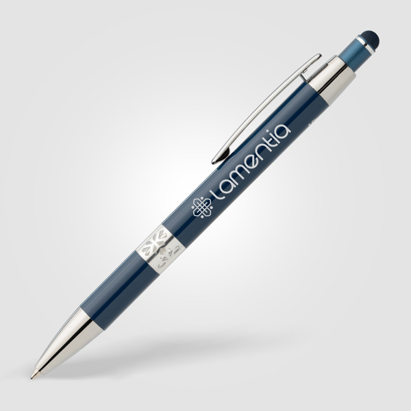 Stylo Adorn en aluminium recyclé avec finition chromée et stylet - Bleu marine / Laser