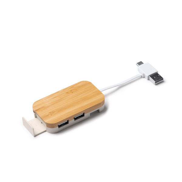 Hub USB personalizado de bambú con soporte para dispositivo y 4 puertos (2 USB-A y 2 USB-C)