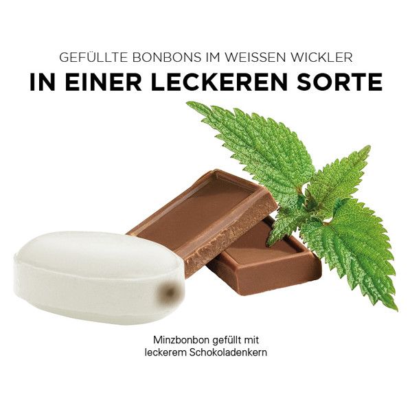 Chocolate-mint sweet, fllled, in compostable white wrapper