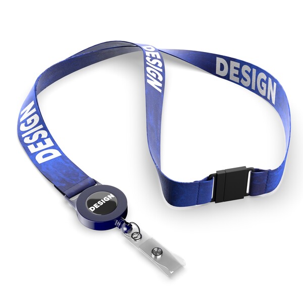 Lanyard de poliéster para crachá retrátil sublimado - Cor integral / Azul-marinho profundo / 15mm width / Fecho de segurança