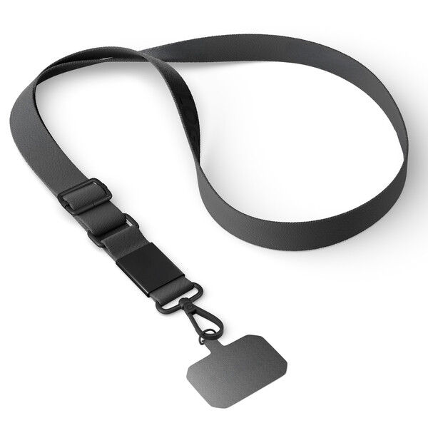 Suport telefon ajustabil crossbody țesut cu logo gravat pe placuța metalică. De la 100 buc - Negru / Alb