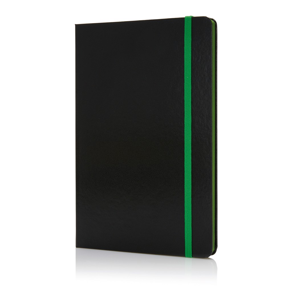 Deluxe keményfedelű A5-ös jegyzetfüzet színes lapéllel - Zöld / Fekete