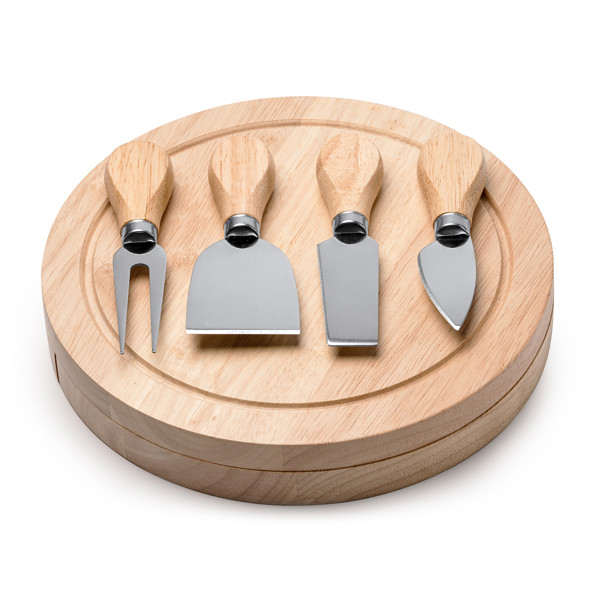 Set de quesos personalizado con utensilios de acero inoxidable y tabla de madera