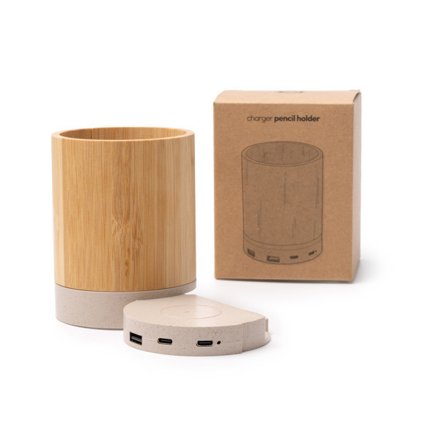Lapicero organizador personalizado de bambú y fibra de trigo con cargador inalámbrico 15W extraíble