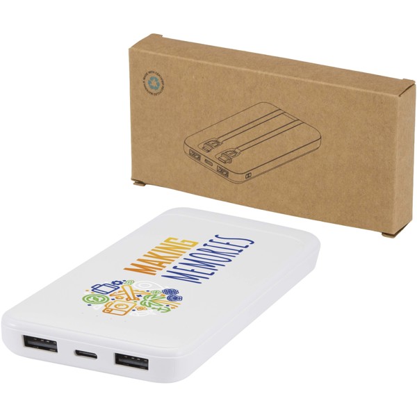 Adhil 10 W 10.000 mAh Powerbank aus recyceltem Kunststoff mit 2 integrierten Kabeln - weiss