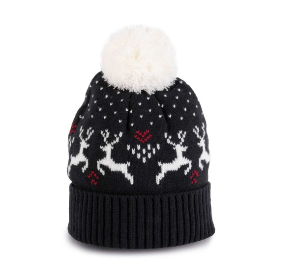 Winter Beanie With Reindeer Design - Cherry Red / Natural