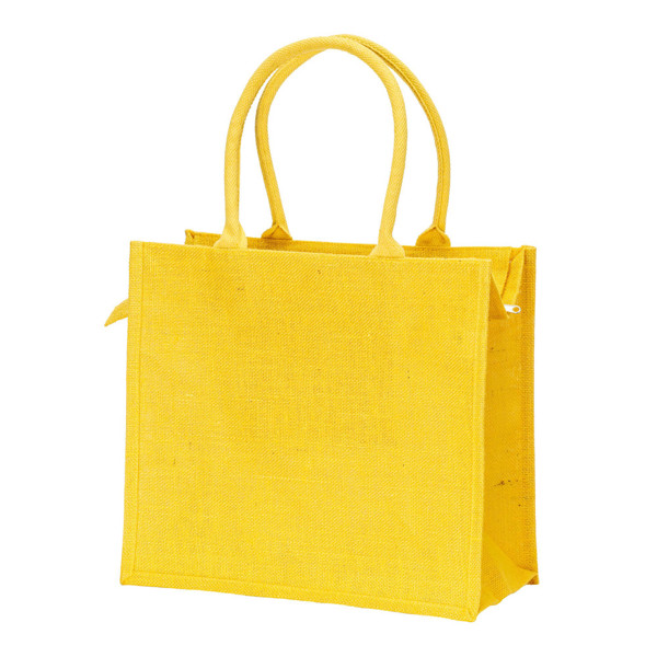 Jute Bag With Cotton Handles. Features Zipper Closure - Yellow