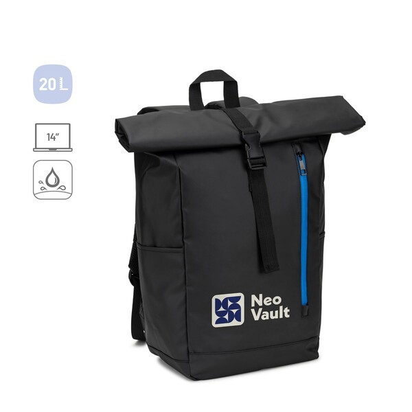 OSASCO BPACK. Roll top ruksak s dizajnom sustava patentnih zatvarača koji omogućuje motanje vrha kako bi odgovarao volumenu ruksaka, izrađen od 600D recikliranog poliestera - Crna