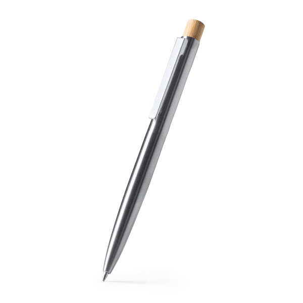 Personalised recycled stainless steel pen with bamboo push button