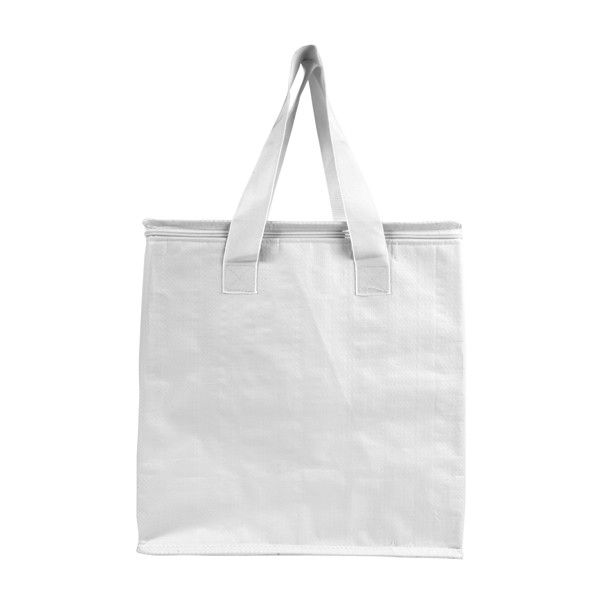 Laminated Pp Cooler Bag 120 G/M2, Coloured Handles, Zipper Closure - White