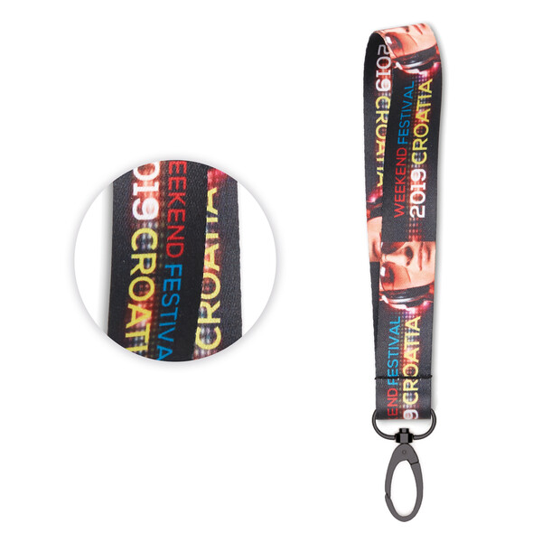 Sublimated fine polyester short strap - 15mm width / Black oval hook