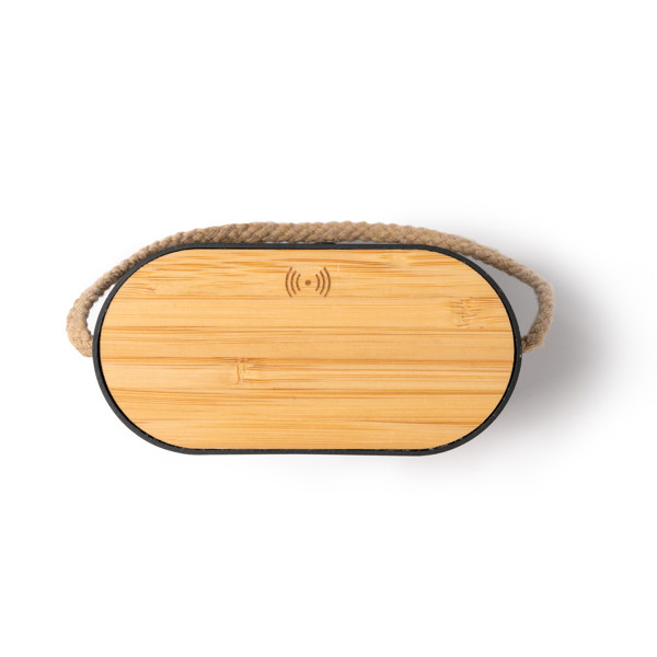 Altavoz inalámbrico personalizado de bambú y RPET con carga inalámbrica 15W