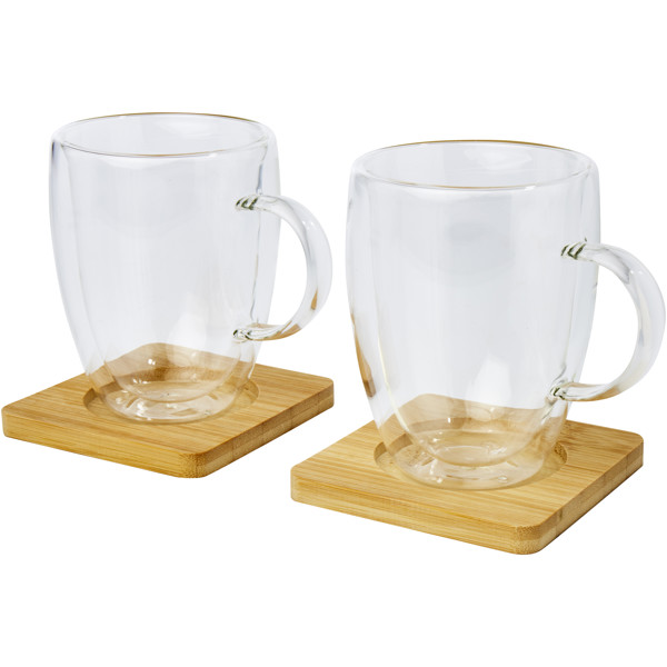 Tasse 2 pièces Manti de 350 ml à double paroi en verre avec sous-verre en bambou